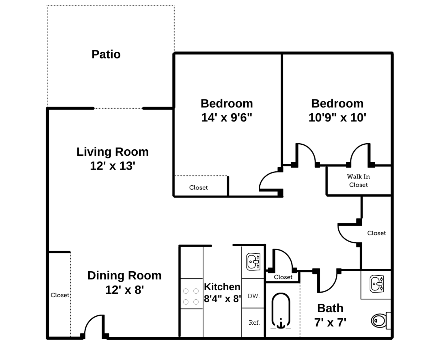 2 bedroom, one bathroom, large floor plan